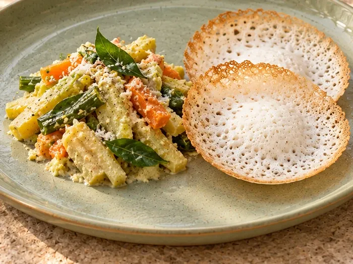 A close detail of seasonal vegetable avial with two mini appams on Mullai stoneware.