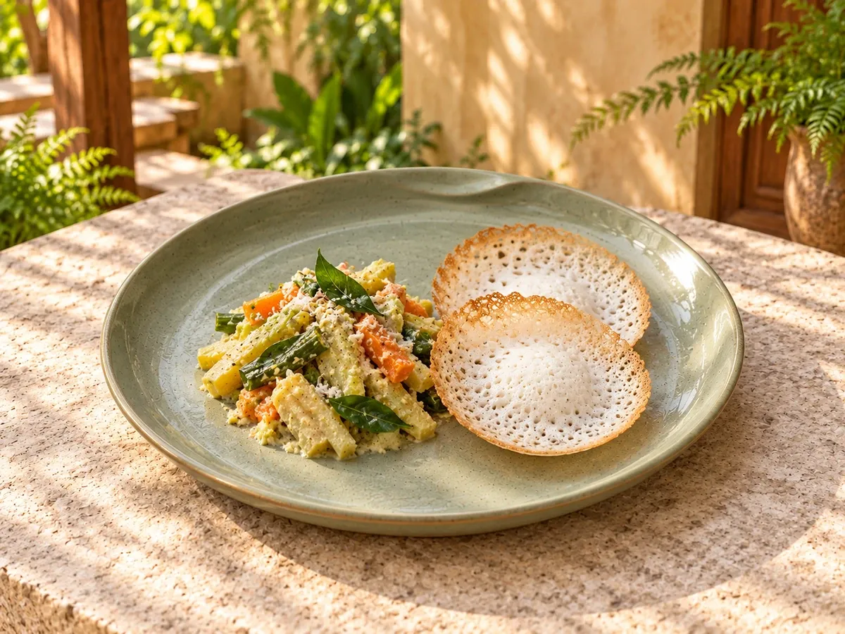 Mullai stoneware serving seasonal vegetable avial with two mini appams.