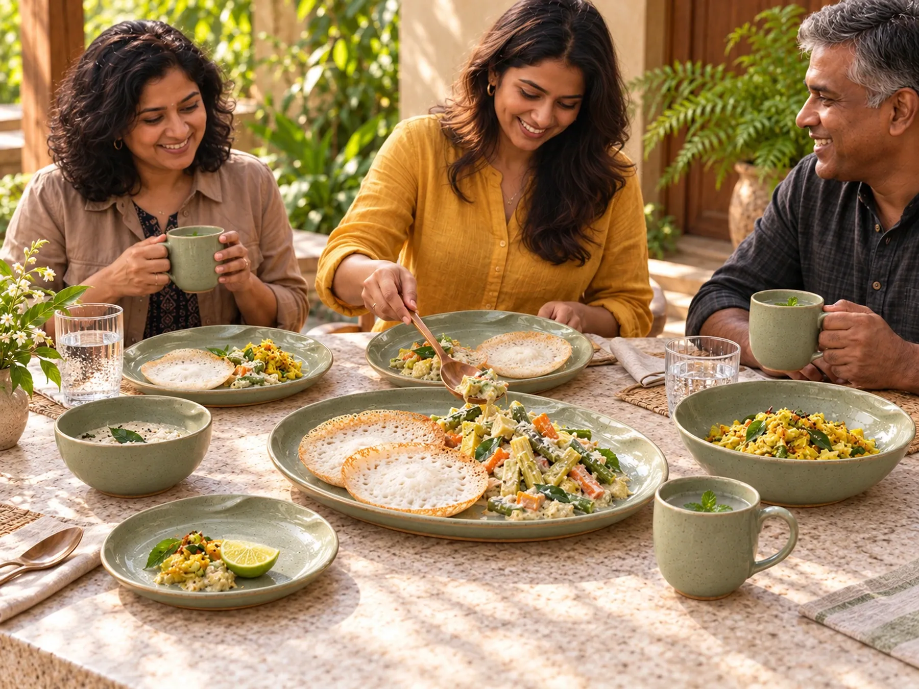 South Indian diners sharing an Indian meal with Mullai dinnerware.