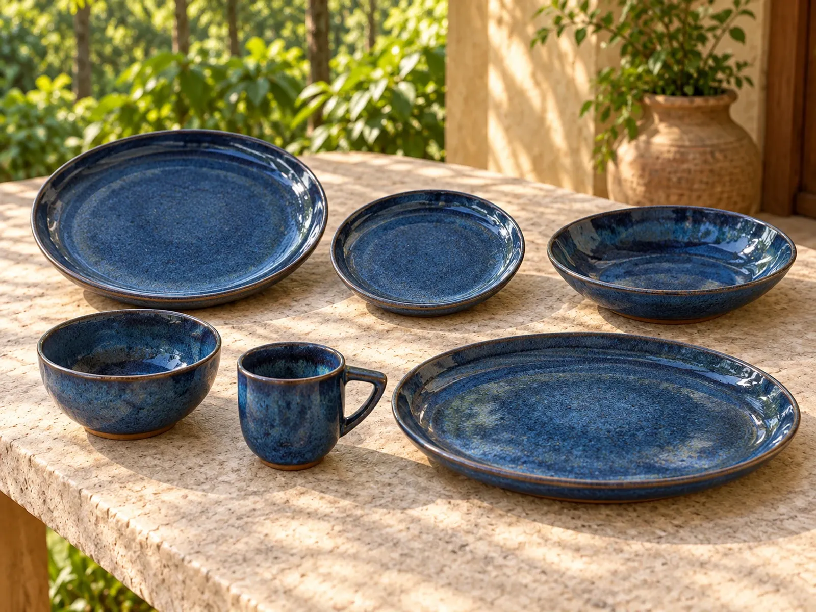 Neelam six-piece stoneware range on a light limestone table.