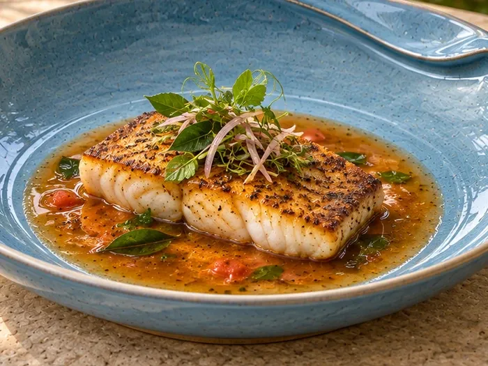 A close detail of pan-seared fish with a little coastal rasam reduction on Neythal stoneware.