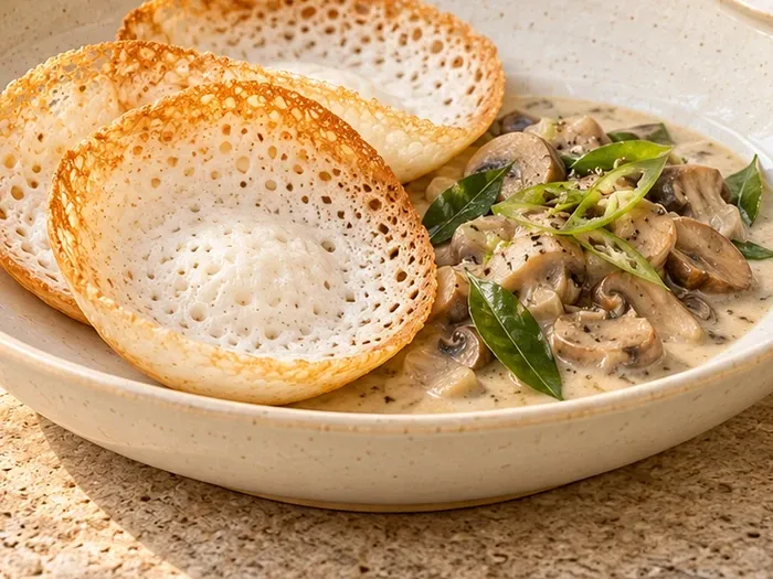 A close detail of mini appams with mushroom-coconut stew on Nila stoneware.