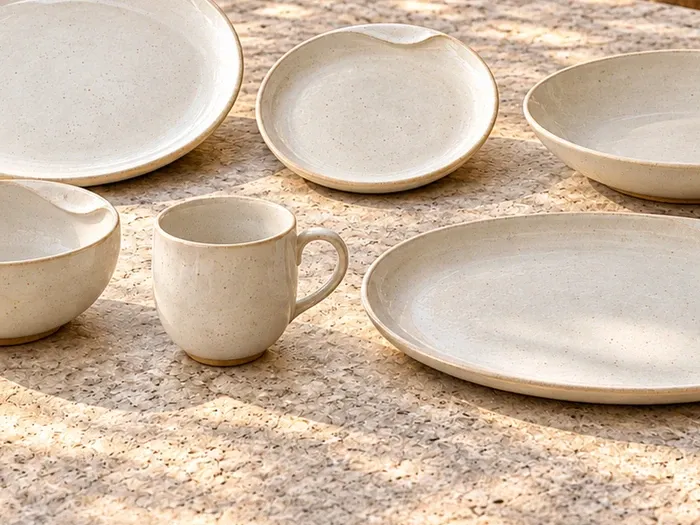 A close detail of Nila stoneware forms and glaze.