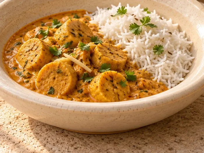 A close detail of Rajasthani gatte ki sabzi with a small steamed-rice accompaniment on Paalai stoneware.