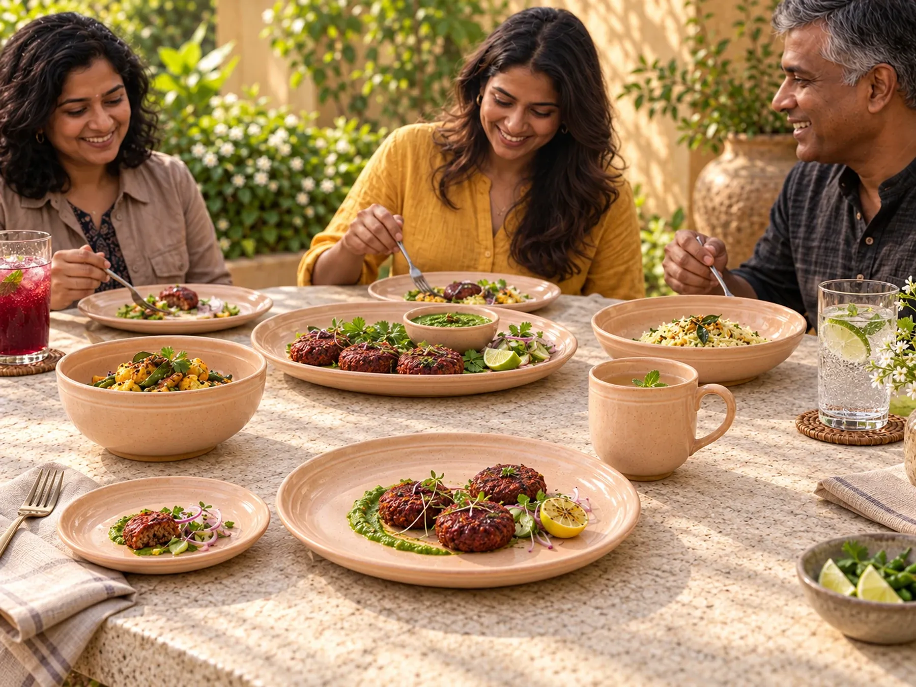 South Indian diners sharing an Indian meal with Pulari dinnerware.
