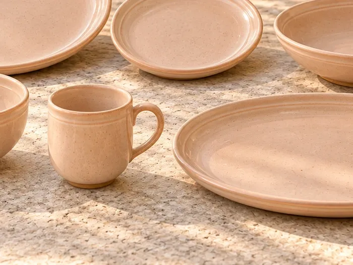 A close detail of Pulari stoneware forms and glaze.