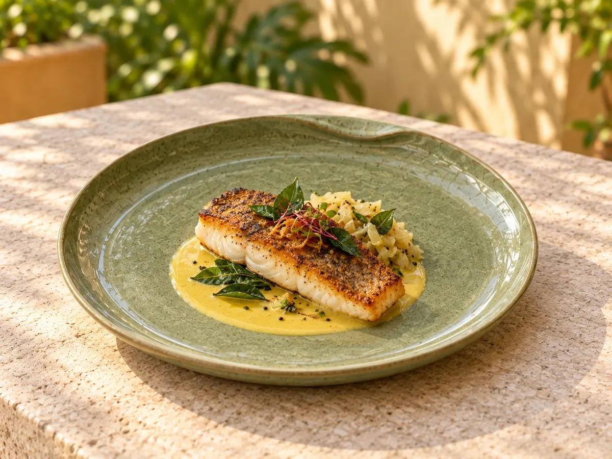 Punnai stoneware serving pan-seared fish with a small coconut-curry emulsion.