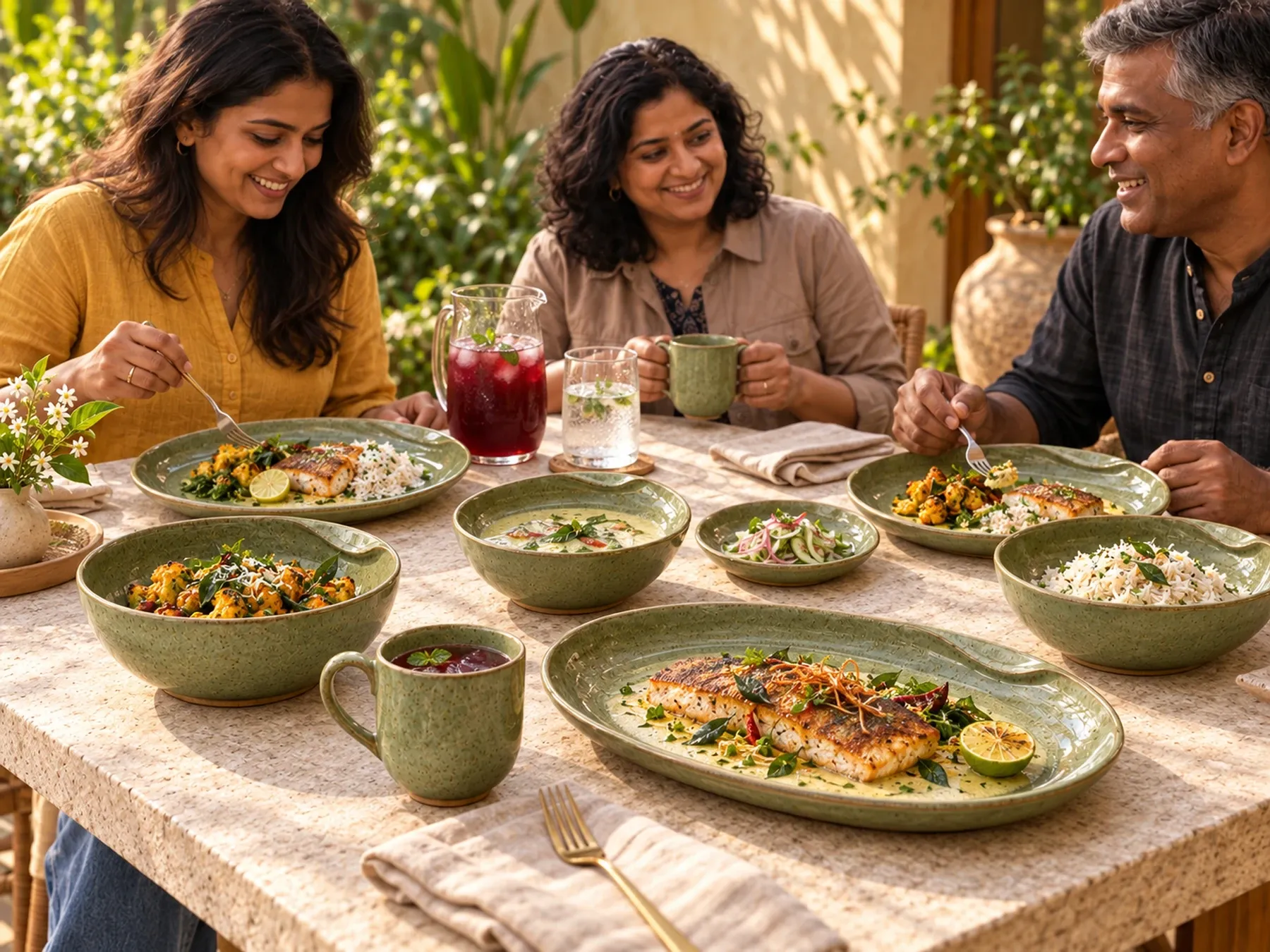 South Indian diners sharing an Indian meal with Punnai dinnerware.