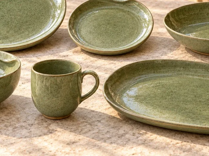 A close detail of Punnai stoneware forms and glaze.
