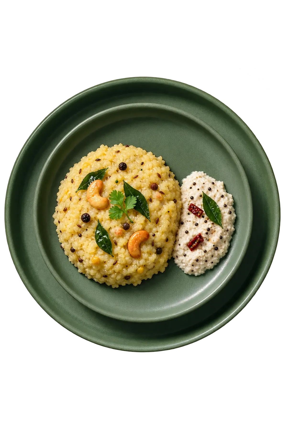 Sandy Loam Green dinnerware serving a modest portion of millet ven pongal with coconut chutney alongside.