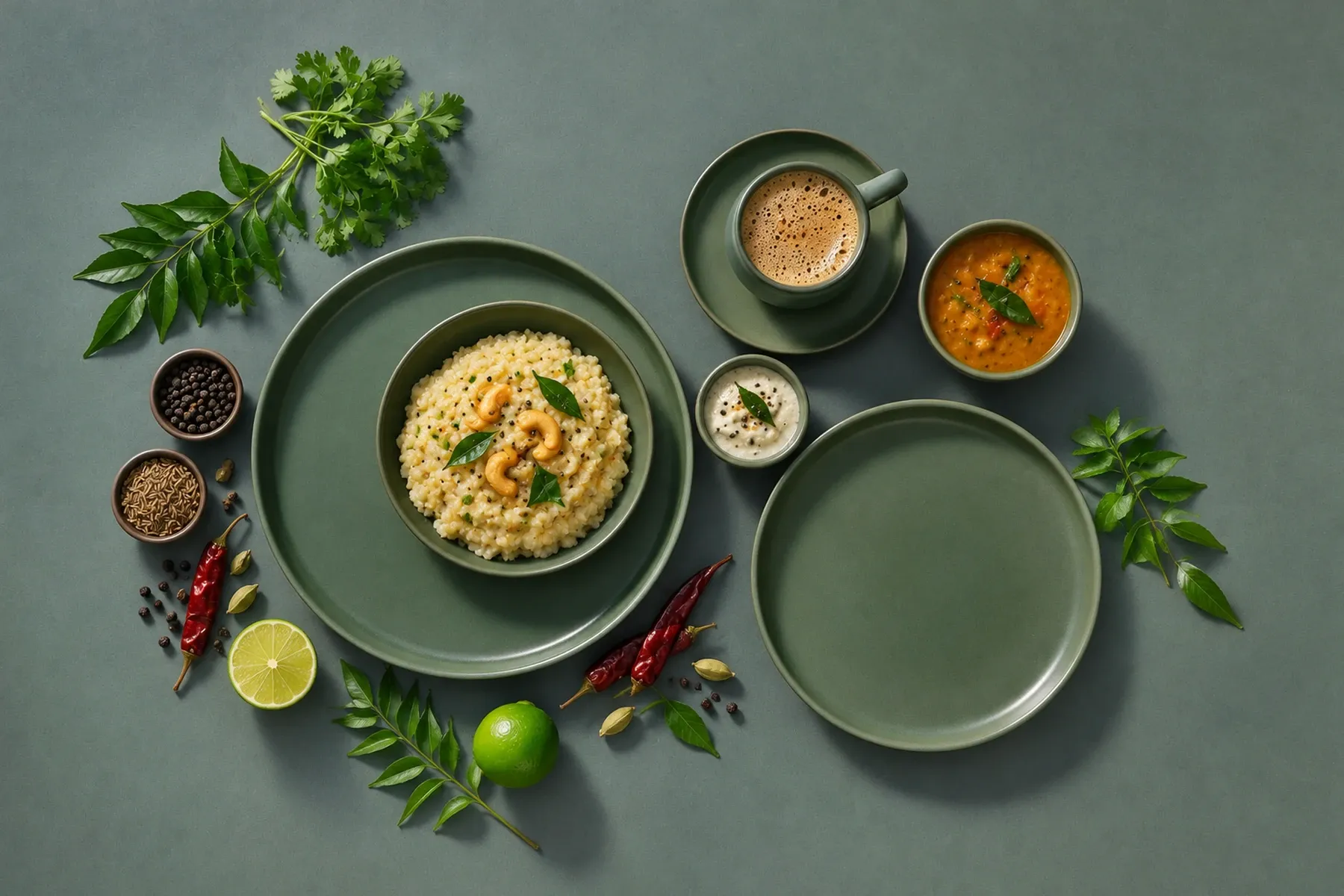 Sandy Loam Green dinnerware arranged with a modest portion of millet ven pongal with coconut chutney alongside.