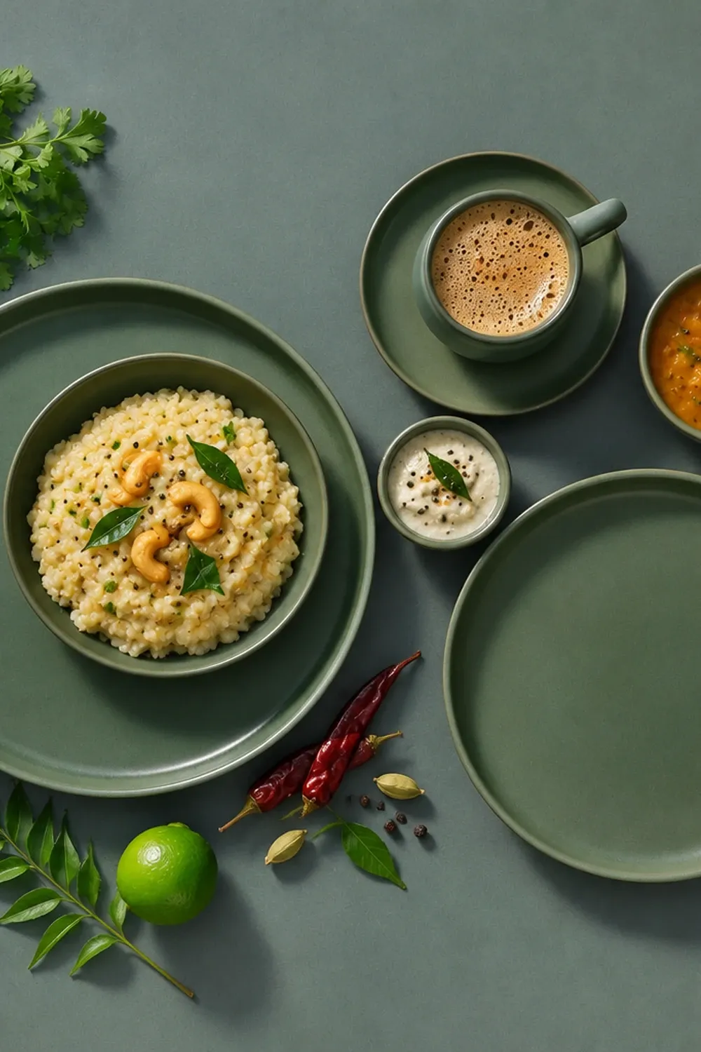 Sandy Loam Green dinnerware arranged with a modest portion of millet ven pongal with coconut chutney alongside.