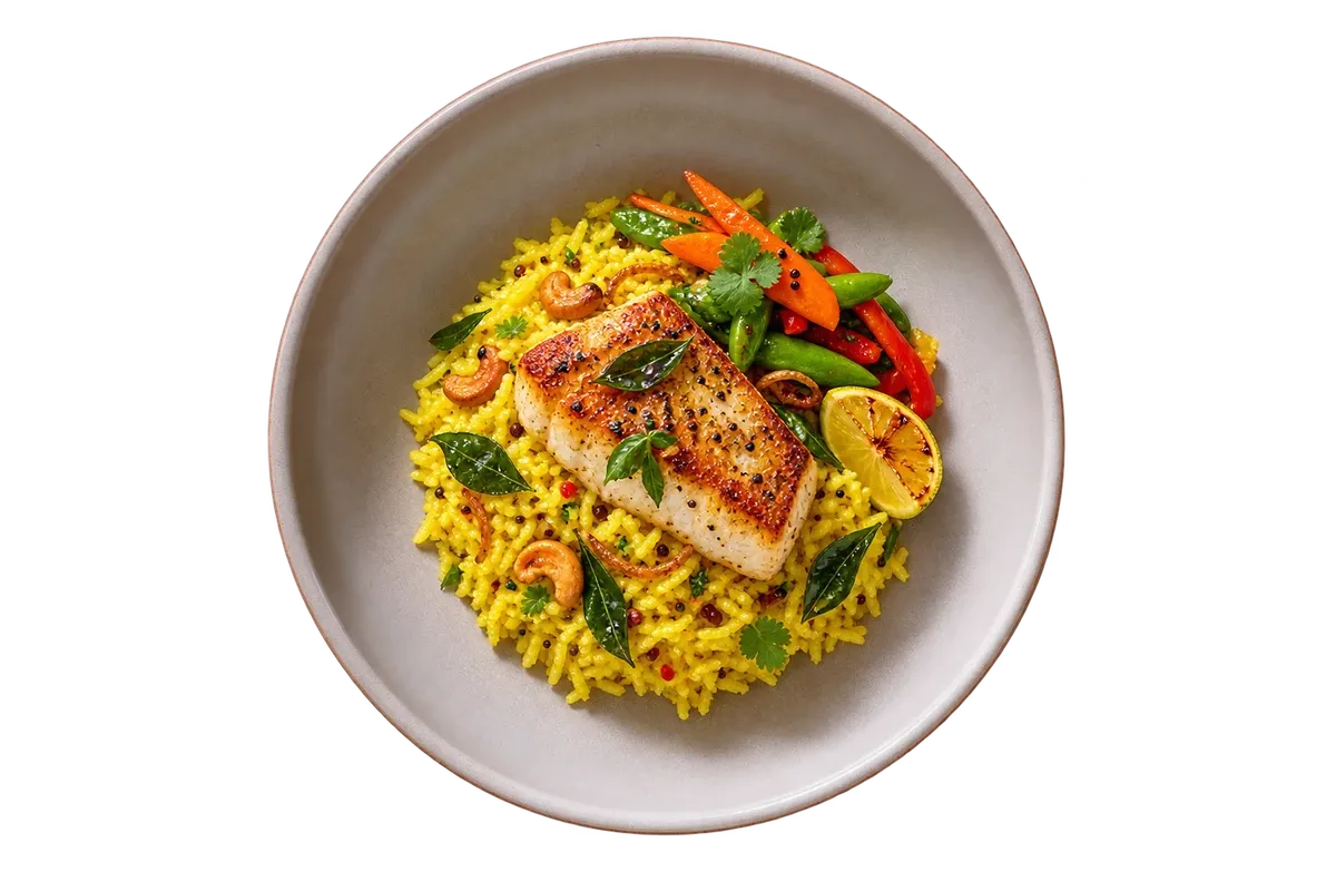 Sandy Loam Grey dinnerware serving pan-seared fish with bright curry-leaf rice and a small vegetable garnish.