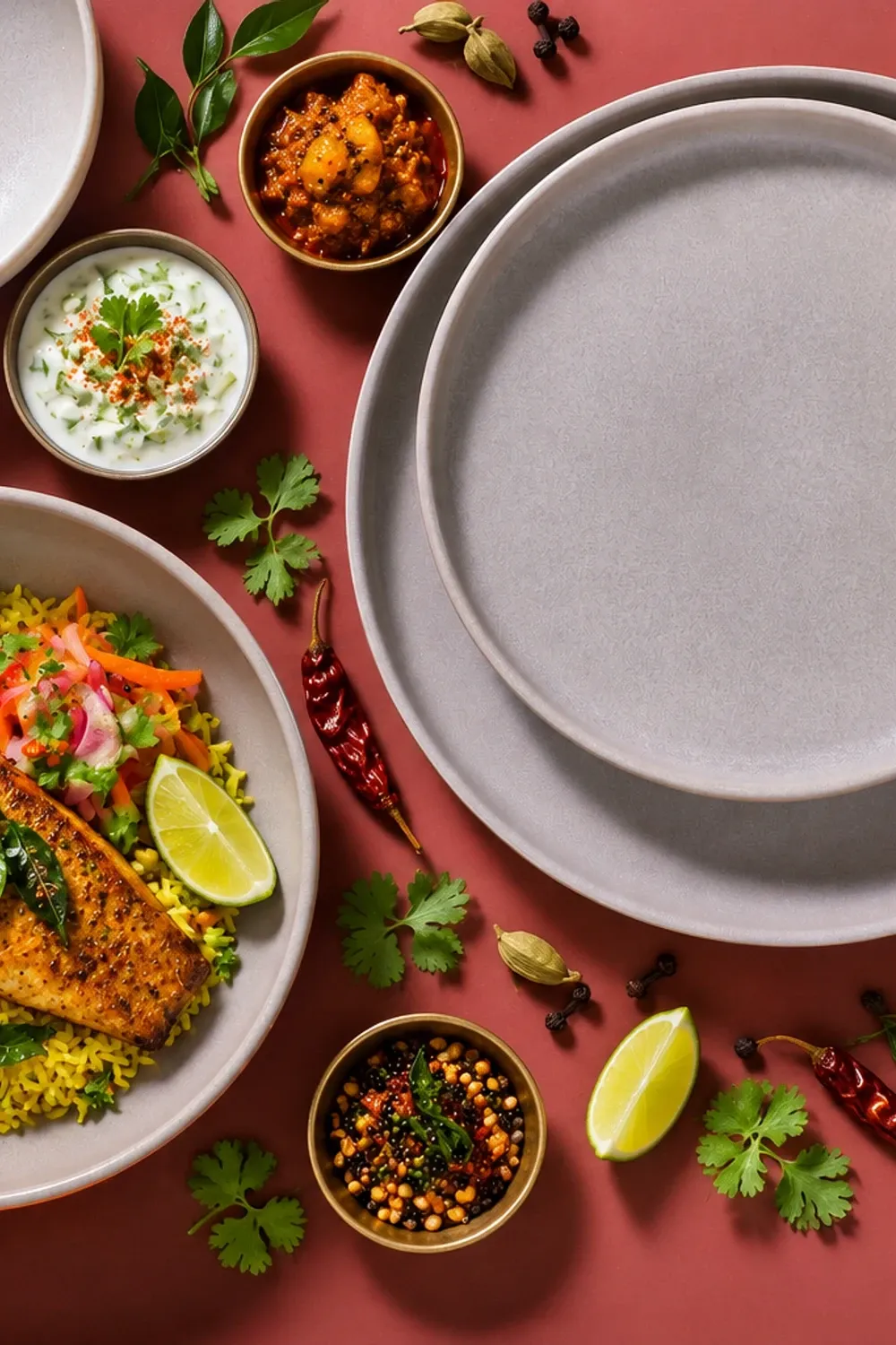 Sandy Loam Grey dinnerware arranged with pan-seared fish with bright curry-leaf rice and a small vegetable garnish.