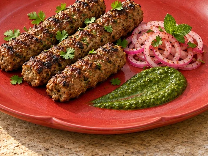 A close detail of lamb seekh kebabs with mint chutney and pickled onion on Sembaruthi stoneware.