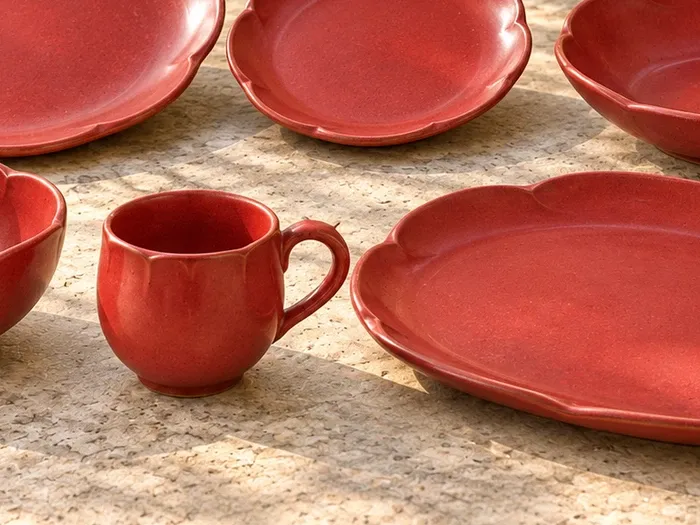 A close detail of Sembaruthi stoneware forms and glaze.