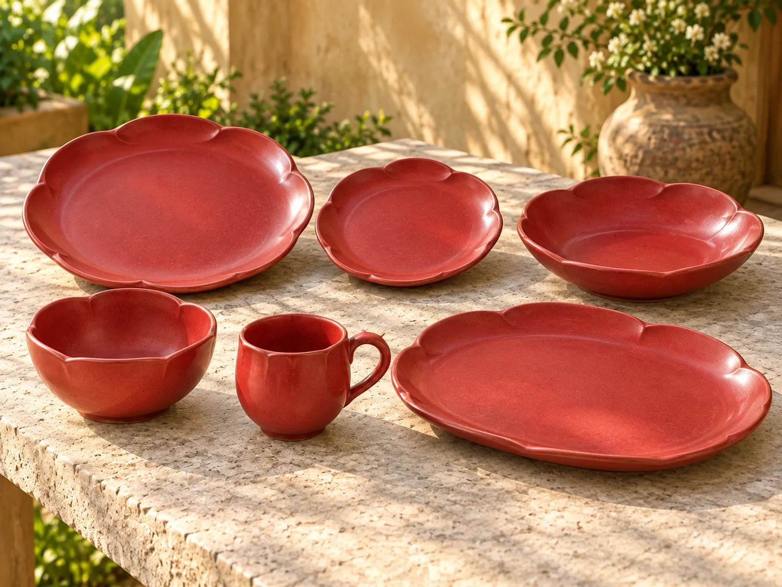 Sembaruthi six-piece stoneware range on a light limestone table.