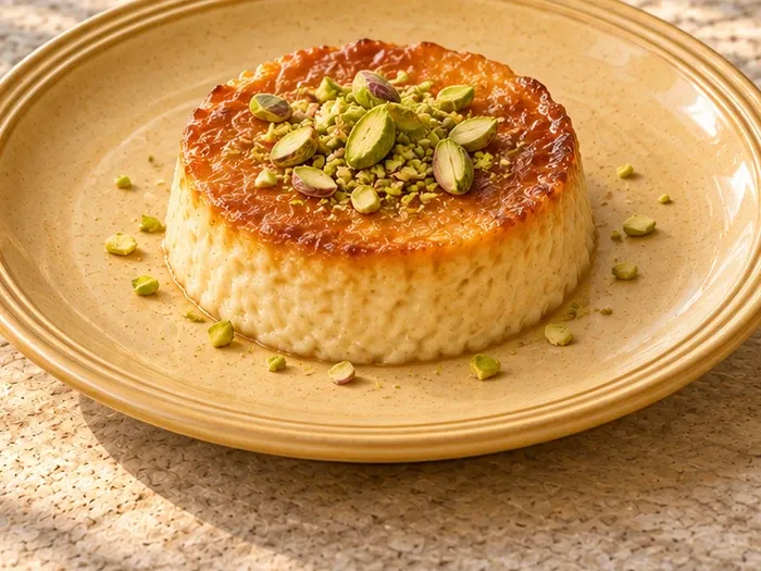 A close detail of baked mishti doi with pistachio on Shenbagam stoneware.