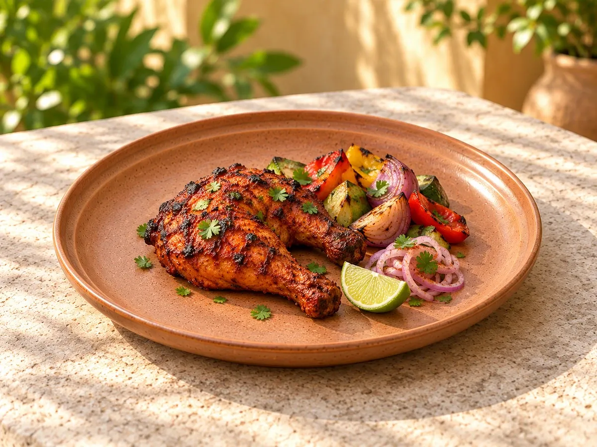 Tamira stoneware serving tandoori chicken with charred vegetables and lime.