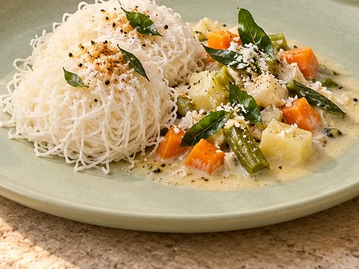 A close detail of mini idiyappam with coconut vegetable stew on Thendral stoneware.