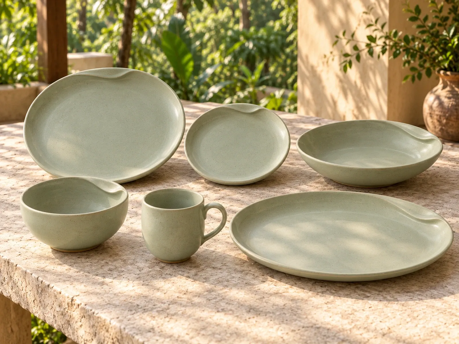 Thendral six-piece stoneware range on a light limestone table.