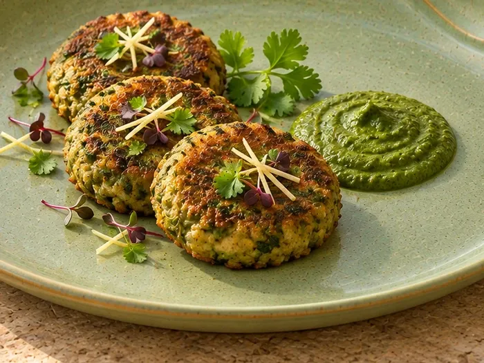 A close detail of hara bhara kebabs with coriander chutney on Thulasi stoneware.