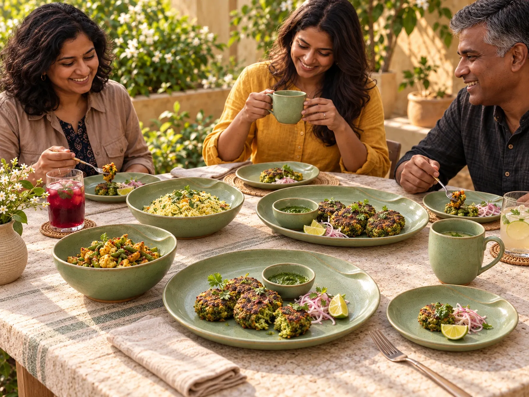 South Indian diners sharing an Indian meal with Thulasi dinnerware.