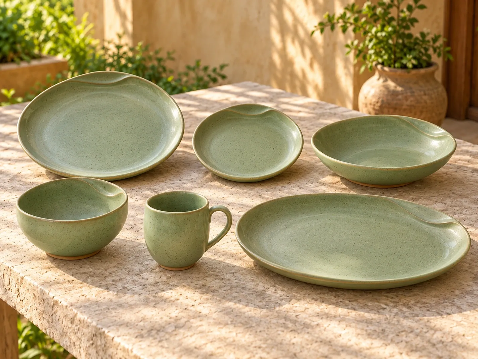 Thulasi six-piece stoneware range on a light limestone table.
