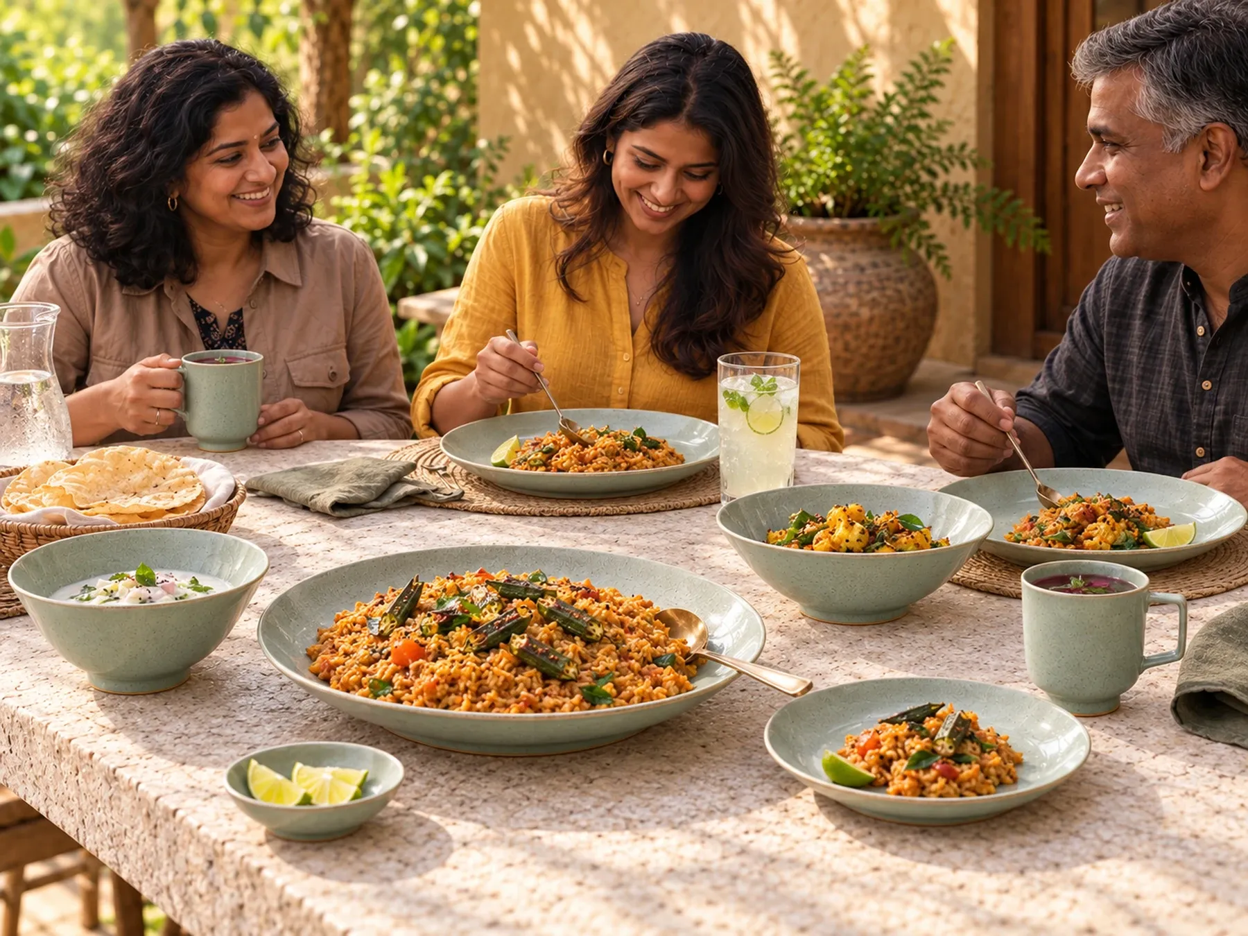 South Indian diners sharing an Indian meal with Tunga dinnerware.