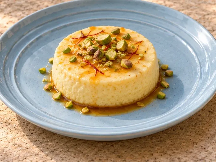 A close detail of saffron bhapa doi with pistachio and restrained jaggery syrup on Vaanam stoneware.