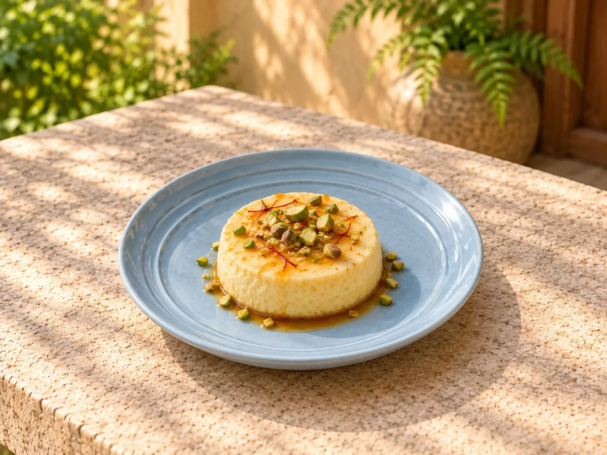 Vaanam stoneware serving saffron bhapa doi with pistachio and restrained jaggery syrup.