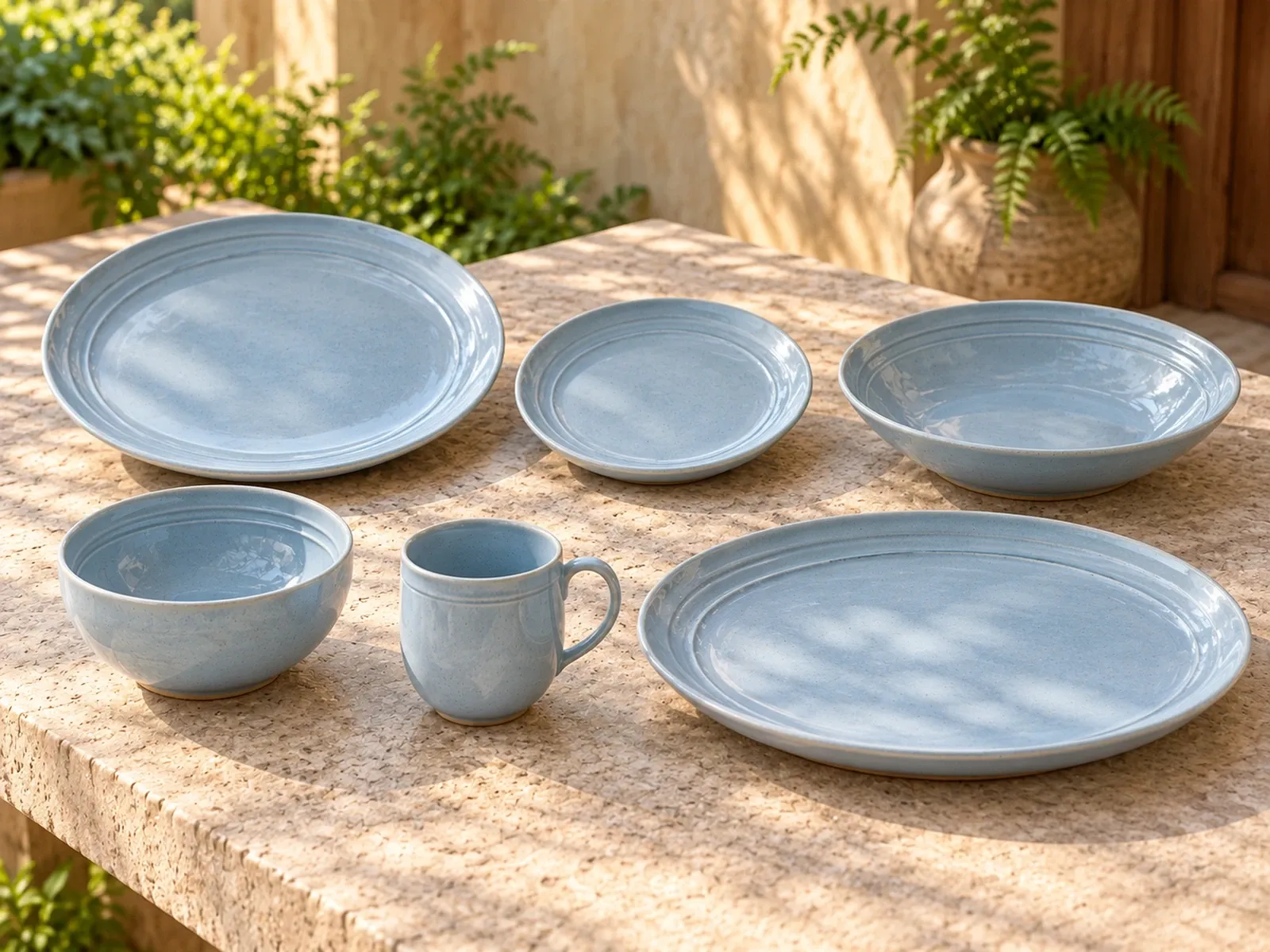 Vaanam six-piece stoneware range on a light limestone table.