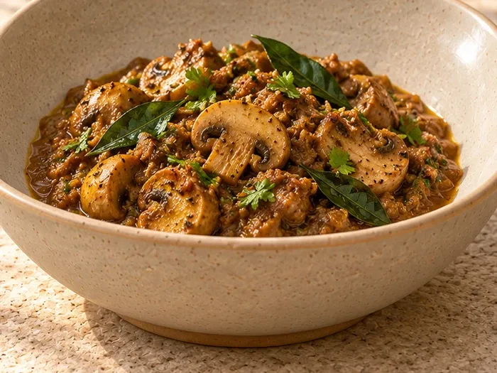 A close detail of Chettinad mushroom curry with curry leaves on Vaigai stoneware.