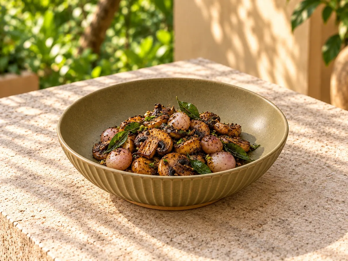 Vetiver stoneware serving mushroom pepper fry with curry leaves and pearl onions.
