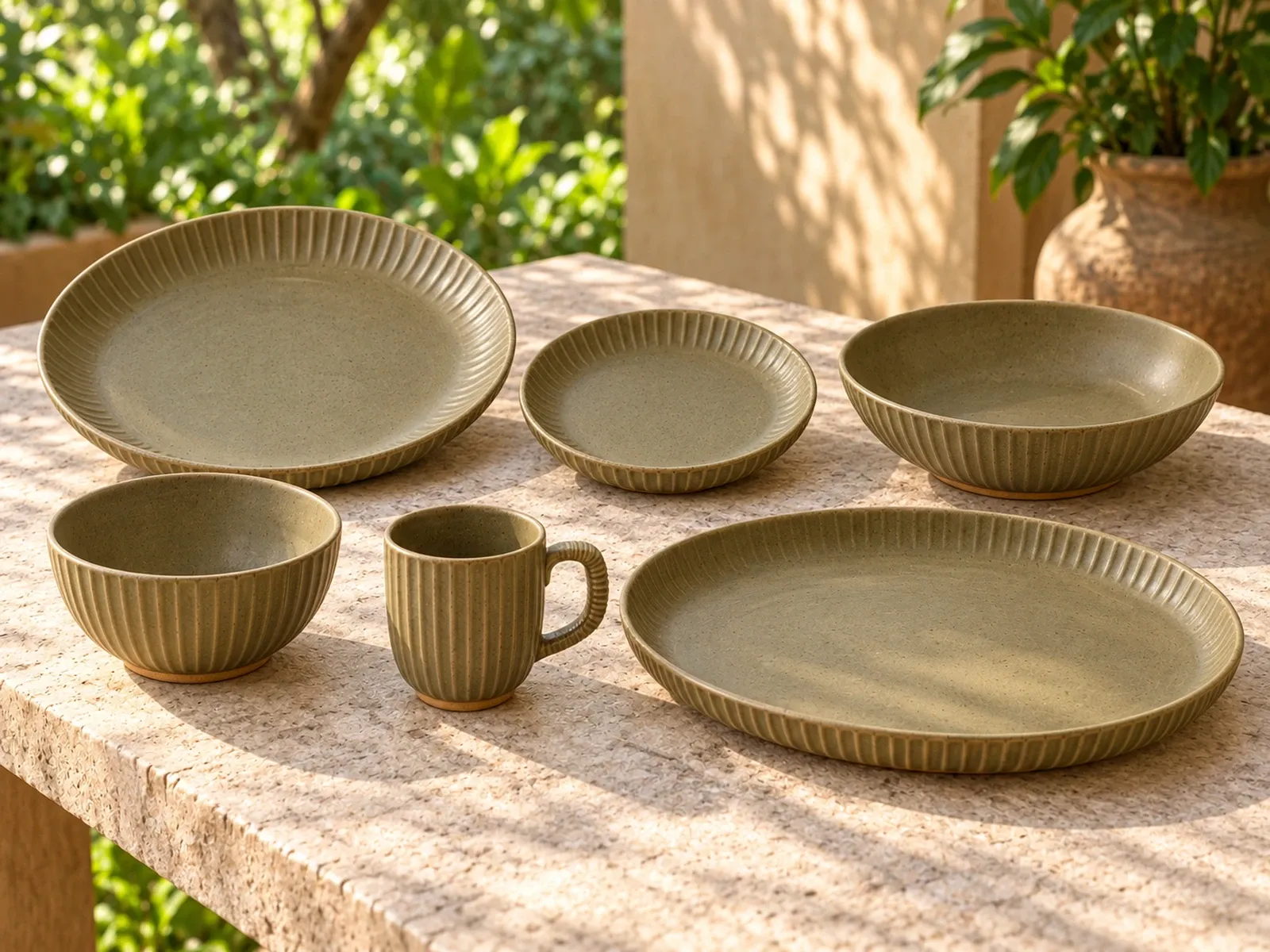 Vetiver six-piece stoneware range on a light limestone table.