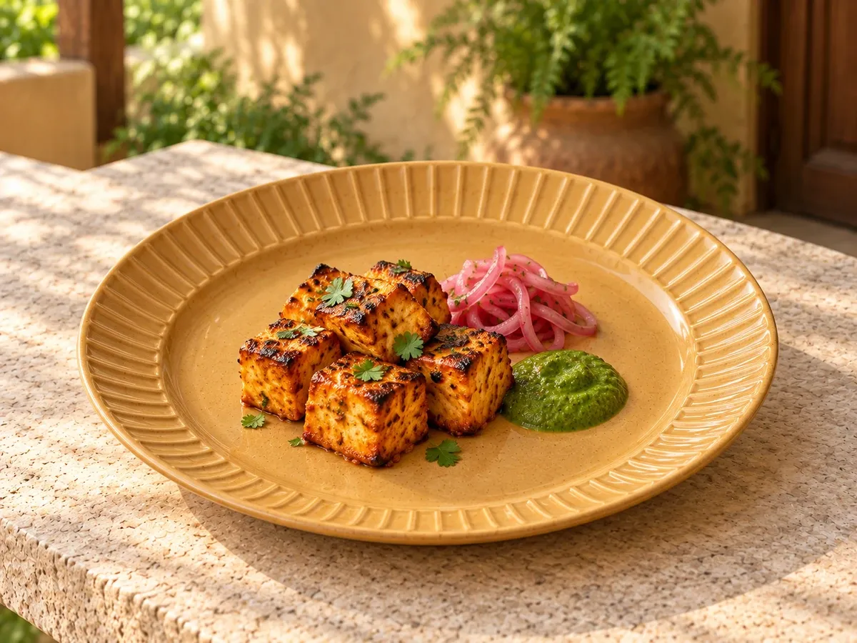 Veyil stoneware serving paneer tikka with mint chutney and pickled onion.