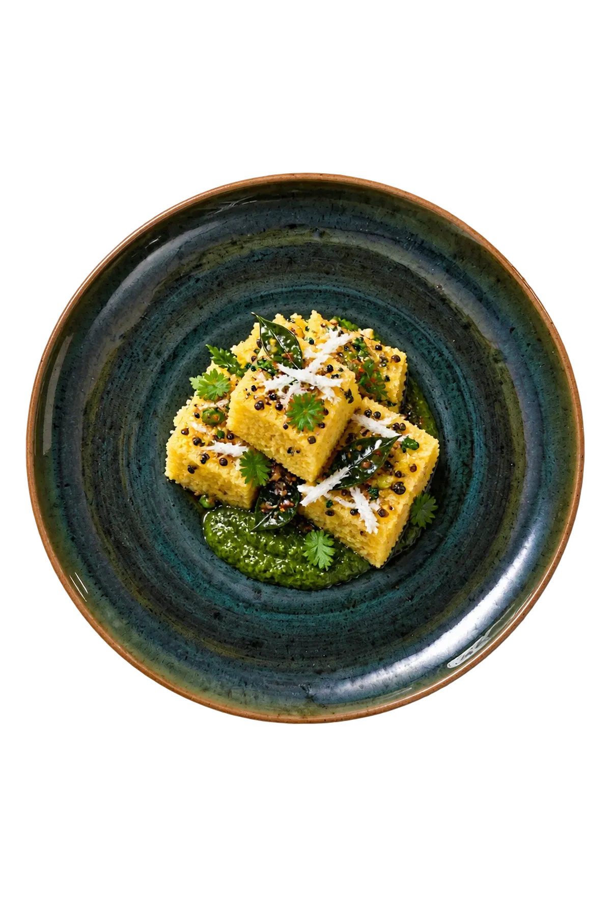 Wisteria dinnerware serving small dhokla portions with mustard-seed tempering, coriander chutney and fresh coconut.
